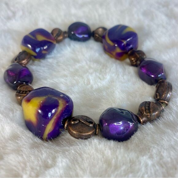 Handcrafted Purple and Yellow Beaded Stretch Bracelet One Size Fits Most - Picture 1 of 4